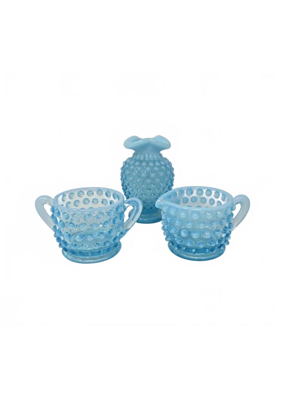 Vintage Blue Opalescent Hobnail Glass Creamer Sugar Set Vase Fenton Style